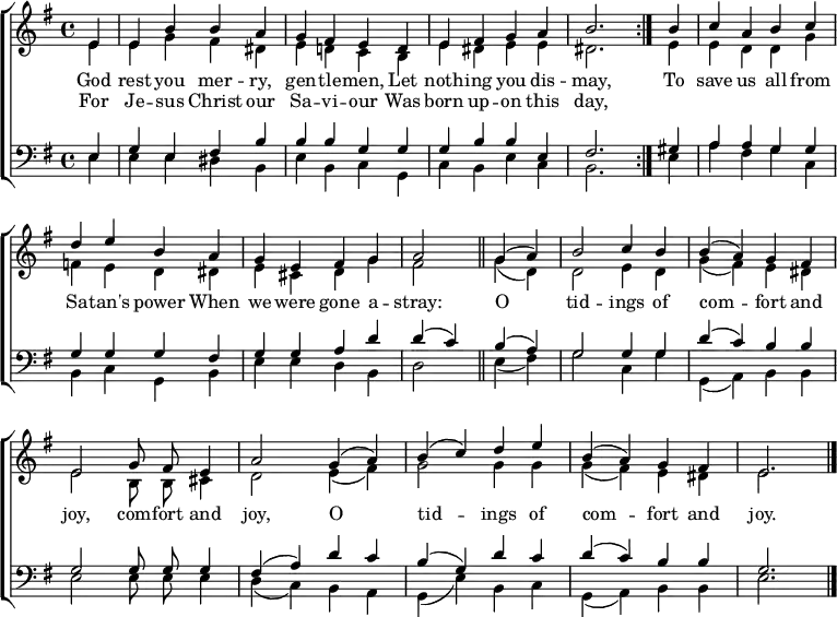 
\header { tagline = ##f }
\layout { indent = 0 \context { \Score \remove "Bar_number_engraver" } }

global = {
  \key e \minor
  \time 4/4
  \partial 4
  \autoBeamOff
}

soprano = \relative c' { \set Staff.midiInstrument = "brass section"
  \global
  \repeat volta 2 { e4 | e b' b a | g fis e
    d | e fis g a | b2. }
  b4 | c a b c | d e b
  a | g e fis g a2 \bar "||"
  g4 (a) | b2 c4 b | b (a) g fis | e2 g8 fis e4 | a2
  g4 (a) | b (c) d e | b (a) g fis | e2. \bar "|."
}

alto = \relative c' {
  \global
  \repeat volta 2 { e4 | e g fis dis | e d! c
    b | e dis e e | dis2. }
  e4 | e d d g | f e d
  dis | e cis d g | fis2 \bar "||"
  g4 (d) | d2 e4 d | g (fis) e dis | e2 b8 b cis4 | d2
  e4 (fis) g2 g4 g | g (fis) e dis | e2. \bar "|."
}

tenor = \relative c {
  \global
  \repeat volta 2 { e4 | g e fis b | b b g
    g | g b b e, | fis2. }
  gis4 | a a g g | g g g
  fis | g g a d | d (c) \bar "||"
  b4 (a) | g2 g4 g | d' (c) b b | g2 g8 g g4 | fis (a)
  d c | b (g) d' c | d (c) b b | g2. \bar "|."
}

bass = \relative c {
  \global
  \repeat volta 2 { e4 | e e dis b | e b c
    g | c b e c | b2. }
  e4 | a fis g c, | b c g
  b | e e d b | d2 \bar "||"
  e4 (fis) | g2 c,4 g' | g, (a) b b | e2 e8 e e4 | d (c)
  b a | g (e') b c | g (a) b b | e2. \bar "|."
}

verse = \lyricmode {
  << { God rest you mer -- ry, gen -- tle -- men,
  Let noth -- ing you dis -- may, }
  \new Lyrics { For Je -- sus Christ our Sa -- vi -- our
  Was born up -- on this day, } >>
  To save us all from Sa -- tan's power
  When we were gone a -- stray:
  O tid -- ings of com -- fort and joy,
  com -- fort and joy,
  O tid -- ings of com -- fort and joy.
}

\score {
  \new ChoirStaff <<
    \new Staff
    <<
      \new Voice = "soprano" { \voiceOne \soprano }
      \new Voice = "alto" { \voiceTwo \alto }
    >>
    \new Lyrics \lyricsto "soprano" \verse
    \new Staff
    <<
      \clef bass
      \new Voice = "tenor" { \voiceOne \tenor }
      \new Voice = "bass" { \voiceTwo \bass }
    >>
  >>
  \layout { }
}
\score { \unfoldRepeats { << \soprano \\ \alto \\ \tenor \\ \bass >> }
  \midi { \tempo 4=160 }
}
