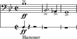  << \new Staff \relative c' { \clef bass \time 2/2 \key bes \major bes1\ff-> | bes,2.-> aes4-> | g1-> } \new RhythmicStaff { \clef bass b4_"Hammer"\ff r4 r2 | r1 | r1 } >> 