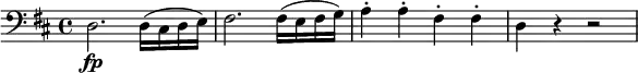 
{
 \time 4/4 
\set Score.tempoHideNote = ##t
\tempo 4 = 160
\clef "bass"
\key d \major 
d2.\fp d16 (cis d e) fis2. fis16 (e fis g) a4-. a-. fis-. fis-. d r r2
}
