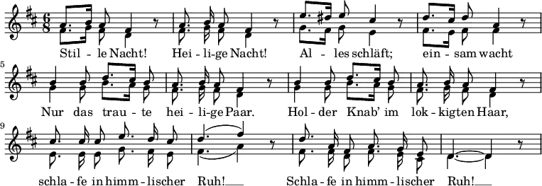 
<<
\new Staff <<
  \new Voice="melody" \relative c'' { \set Staff.midiInstrument = #"acoustic guitar (nylon)"
    \autoBeamOff
\tempo 4 = 60 \set Score.tempoHideNote = ##t
    \voiceOne
    \language "deutsch"
    \key d \major
    \time 6/8
    a8. [ h16 ] a8 fis4 h8\rest
    a8. h16 a8 fis4 h8\rest
    e8. [ dis16 ] e8 cis4 h8\rest
    d8. [ cis16 ] d8 a4 h8\rest
    h4 h8 d8. [ cis16 ] h8
    a8. h16 a8 fis4 h8\rest
    h4 h8 d8. [ cis16 ] h8
    a8. h16 a8 fis4 h8\rest
    cis8. cis16 cis8 e8. d16 cis8
    d4. ( fis4 ) h,8\rest
    d8. a16 fis8 a8. g16 e8
    d4.~ d4 h'8\rest
  }
  \new Voice \relative c' {
    \voiceTwo
    \autoBeamOff
    %\omit "Rest_engraver"
    fis8. [ g16 ] fis8 d4 s8
    fis8. g16 fis8 d4 s8
    g8. [ fis16 ] g8 e4 s8
    fis8. [ e16 ] fis8 fis4 s8
    g4 g8 h8. [ a16 ] g8
    fis8. g16 fis8 d4 s8
    g4 g8 h8. [ a16 ] g8
    fis8. g16 fis8 d4 s8
    e8. e16 e8 g8. fis16 e8
    fis4. ( a4 ) s8
    fis8. fis16 d8 fis8. e16 cis8
    d4.~ d4
  }
>>
\new Lyrics \lyricsto "melody" {
  Stil -- le Nacht! Hei -- li -- ge Nacht!
  Al -- les schläft; ein -- sam wacht
  Nur das trau -- te hei -- li -- ge Paar.
  Hol -- der Knab’ im lok -- kig -- ten Haar,
  schla -- fe in himm -- li -- scher Ruh! __
  Schla -- fe in himm -- li -- scher Ruh! __
}
>>
