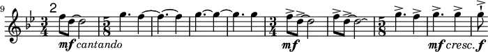 
\relative c'' \new Staff {
  \key bes \major \clef "treble"
  \set Staff.midiInstrument = "trumpet"
  \set Score.tempoHideNote = ##t \tempo 4 = 176
  \set Score.currentBarNumber = #9 \bar ""
  \mark \markup \sans 2

  \time 3/4 f8_\markup { \dynamic mf \italic "cantando" } d ~ d2 | \time 5/8 g4. f4 ~ | f4. ~ f4 | g4. ~ g4 ~ | g4. g4 |
  \time 3/4 f8\mf-> d-> ~ d2 | f8-> d-> ~
    % \override LaissezVibrerTieColumn #'tie-configuration = #'((2 . 1) (2 . -1))
    d2\laissezVibrer | \time 5/8 g4.-> f4-> |
  \once \override DynamicTextSpanner #'minimum-length = #10
  g4.->\mf\cresc g4-> | g8\staccatissimo^>\f
}
