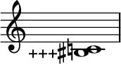  \new Staff \with{ \magnifyStaff #3/2 } {
\override Score.TimeSignature #'stencil = ##f
\relative c' {
  \clef treble \time 1/1 <c! \tweak Accidental.stencil #ly:text-interface::print \tweak Accidental.text \markup { \concat { \lower #1 "+++" \sharp}} bis>1
} }
