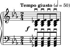  { \new PianoStaff << \new Staff \relative c' { \set Staff.midiInstrument = #"violin" \clef treble \key ees \major \time 2/4 \tempo "Tempo giusto" 2 = 50 <ees des bes g>8\downbow[ <ees des bes g>\downbow <ees des bes g>\downbow <ees des bes g>\downbow] } \new Staff \relative c { 
 \override DynamicText.X-offset = #-4 
 \override DynamicLineSpanner.staff-padding = #3.5
\set Staff.midiInstrument = #"cello" \clef bass \key ees \major \time 2/4 <fes ces aes fes>8^\f\downbow[ <fes ces aes fes>\downbow <fes ces aes fes>\downbow <fes ces aes fes>\downbow] } >> } 