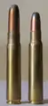 9×57mm Mauser cartridge next to a sporting 7.92×57mm Mauser cartridge, its parent case.