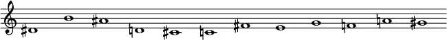 {\omit Score.TimeSignature \omit Score.BarLine dis'1 b'1 ais'1 d'!1 cis'1 c'!1 fis'1 e'1 g'1 f'!1 a'!1 gis'1}