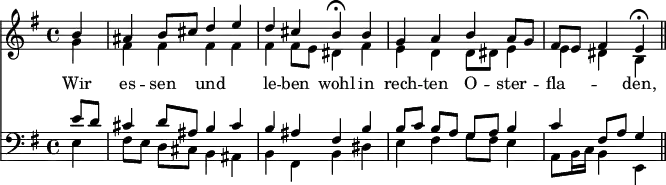 
<< <<
\new Staff { \clef treble \time 4/4 \partial 4 \key e \minor \set Staff.midiInstrument = "choir aahs" \relative c'' 
  << { 
  \set Score.tempoHideNote = ##t
  b4 | ais b8 cis d4 e | d4 cis b\fermata
  b | g a b a8 g | fis e fis4 e\fermata \bar "||" \break } \\ 
  { g4 | fis fis fis fis | fis fis8 e dis4
  fis | e d d8 dis e4 | e dis b } 
  >>
}
\new Lyrics \lyricmode {
Wir4 es -- sen und2 le4 -- ben wohl
in rech -- ten O -- ster -- fla2 -- den,4
}
\new Staff { \clef bass \key e \minor \set Staff.midiInstrument = "choir aahs" \relative c'
  << { e8 d | cis4 d8 ais b4 cis | b ais fis
  b | b8[ c] b[ a] g[ a] b4 | c fis,8 a g4 } \\ 
  { e4 | fis8[ e] d[ cis] b4 ais | b fis b 
   dis | e fis g8 fis e4 | a,8 b16 c b4 e, } 
  >>
}
>> >>
\layout { indent = #0 }
\midi { \tempo 4 = 80 }
