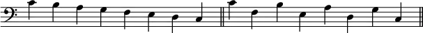   {
\override Score.TimeSignature #'stencil = ##f
\relative c' { \key c \major \clef bass \time 8/4
  c b a g f e d c \bar "||" c' f, b e, a d, g c, \bar "||"
} }
\layout { \context { \Score \override SpacingSpanner.base-shortest-duration = #(ly:make-moment 1/16) } }
