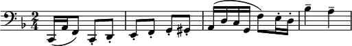 
 \relative c 
{
\clef bass \key f \major \time 2/4 c,16( a' f8) c-. d-. e-. f-. g-. gis-. a16( d c g f'8) e16-. d-. bes'4-- a--
}
