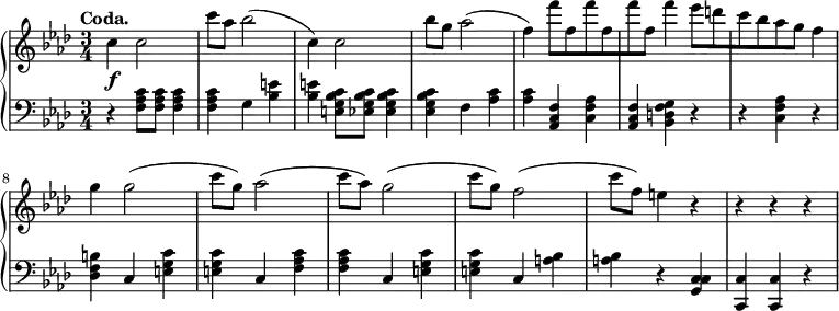 
 \relative c' {
  \new PianoStaff <<
   \new Staff { \key f \minor \time 3/4
    \tempo \markup {
     \column {
      \line { Coda. }
 }
   }
        c' c2 c'8[ aes] bes2( c,4) c2 bes'8[ g] aes2( f4) f'8[ f, f' f, f' f,] f'4 ees8[ d c bes aes g] f4 g g2( c8[ g)] aes2( c8[ aes)] g2( c8[ g)] f2( c'8[ f,)] e4 r r r r
      }
   \new Dynamics {
    s\f
      }
   \new Staff { \key f \minor \time 3/4 \clef bass
      r4 <f,, aes c>8[ <f aes c>] <f aes c>4 <f aes c> g4 <bes e> <bes e> <e, g bes c>8[ <ees g bes c>] <ees g bes c>4 <ees g bes c> f <aes c> <aes c> <aes, c f> <c f aes> <aes c f> <bes d f g> r r <c f aes> r <des f b> c <e g c> <e g c> c <f aes c> <f aes c> c <e g c> <e g c> c <a' bes> <a bes> r <c, g c> <c c,> <c c,> r
      }
  >>
 }
