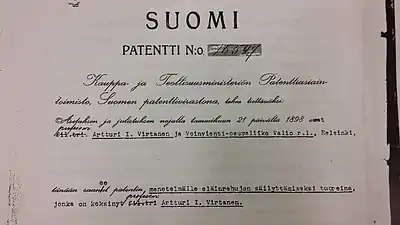 Part of the patent letter given to A. I. Virtanen and his employer for the AIV silage method in 1931