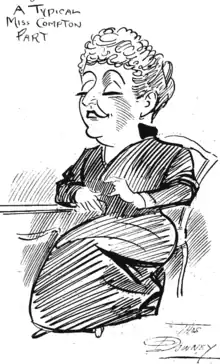 caricature of middle-aged white woman seated, with teacup in hand, holding forth