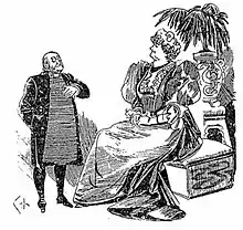 Elderly white man, clean shaven, in clergyman's clothing, standing, in conversation with an elderly white woman in elaborate evening dress, seated