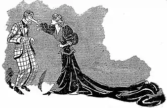 1893 press caricature of woman in Victorian dress slapping a man's face