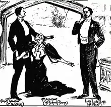 two men in evening clothes standing and between them a woman in evening clothes sinking to the ground