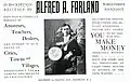 Alfred A. Farland advertisement August 1900, from S. S. Stewarts Banjo, Guitar and Mandolin Journal, August 1900.