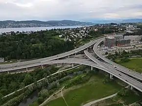 Aerial photograph of the A3 motorway splitting into 2 routes.