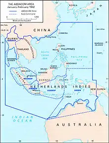 Map of South East Asia and the South West Pacific, with ABDACOM sub-command boundaries superimposed