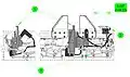 Front and side elevation diagrams of the Capture Latch (1) in the closed position.  The underside of the Ready-to-Latch Indicator (2) shows one set of springs that will be compressed by the PCBM Alignment Guide during capture.  The cables (3) are for the latch and its limit switch, the RTL, and nearby Powered Bolts.