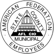 A round graphic featuring a triangle icon with an image of the US capitol building, interspersed with the full name of AFSCME, as well as the acronym of AFL-CIO.
