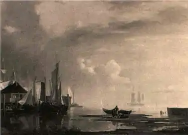 Hamburg Harbour in 1839, to the left the old Blockhouse.