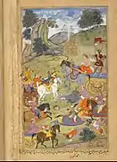 Arjuna attempts to quench the fire that Agni created to help his father-in-law, Niladhvaja, in his battle against Arjuna. Artist Ahmad kashmiri