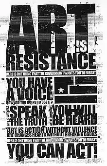 A black-and-white flier with the words "Art is Resistance" with a stenciled flag of four sections and a single star.