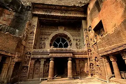 The Ajanta Caves are 30 rock-cut Buddhist cave monument built under the Vakatakas.