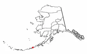 Alaska with Aleutian island chain (at bottom), Unalaska Island is marked.