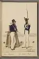 Uniforms for a soldier in the Naval Artillery Regiment (on the right) and a boatswain circa 1825