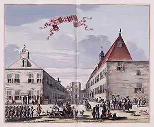 From right to left: the residence of the Governor-General inside the Castle, octagonal Church at the background, and the residence of the General-Director/Councillor of VOC.