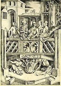 The Balcony; a young man is surrounded by three courtesans and a jester. Engraving
