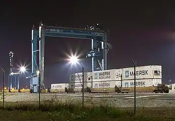 Maersk's APM Terminals in Portsmouth, Virginia, at night.