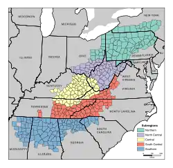 Subregions of Appalachia as of July 2023.