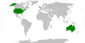 A world map with Australia, the United Kingdom, and the United States coloured in green; all remaining countries are in grey