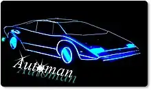 A black Lamborghini car in the dark, delineated with bright light-blue lines.
