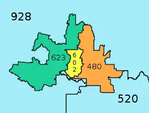 Inset of the preceding map, but showing 480, 602, and 623 as separate area codes
