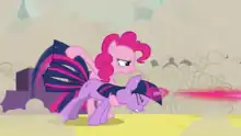 Pinkie Pie (back) staring forwards angrily as she waves Twilight Sparkle's tail to make her shoot pink beams of magic