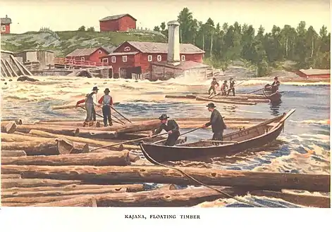 Postcard of lumber in the rapids near Kajaani