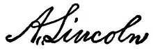 President Abraham Lincoln's signature as it appeared on the United States Patent that restored the Mission property to the Catholic Church in 1862. This is one of the few documents that the President signed as "A. Lincoln" instead of his customary "Abraham Lincoln." 