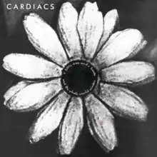 A greyscale image of a daisy with the album title circling the inside and the band's name in the top left corner.