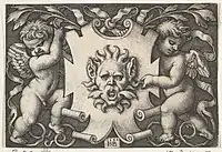A Mask on an Escutcheon Supported by Two Genii, 1544