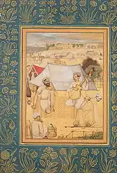 1630. A Musician and Singer Kneel at the Outskirts of a Mughal Camp. A Yogi and a Servant Listen to them, from the Minto Album. The instrument in a Seni Rebab.