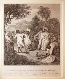 Engraving 'after Agostino Brunias' (ca 1801) entitled A Negro Festival drawn from Nature in the Island of St Vincent. National Maritime Museum, Greenwich