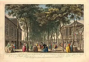 A view of the Orchestra with the Band of Music, the Grand Walk &c in Marybone Gardens, hand-coloured engraving from a drawing by Donowell, 1761