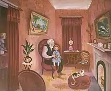 This illustration features Miss Rumphius when she is a young girl. She is seated on her grandfather's lap in their living room. The walls are lined in a rosy-red wallpaper, and red curtains hang from the window at the far end of the room. Alice's grandmother is off to the left making dinner in the kitchen, and a cat is curled up on an ottoman looking into the fire of the fireplace. On the walls are two paintings—one of a sailing ship being tossed in a great sea storm, and the second of a straw-roofed house on stilts surrounded by palm trees, sitting on a beach. On the mantle of the fireplace rest several photos of family members in small oval frames, a large conch shell, and a vase of peacock feathers—perhaps treasures from her grandfather's travels.