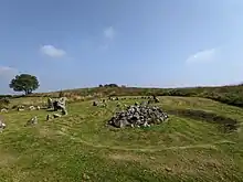 A cairn at Beaghmore, County Tyrone on a sunny day.