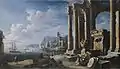 Capriccio of architectural ruins with a seascape beyond, oil on canvas