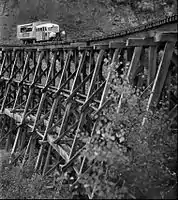 A Galloping Goose climbing a trestle that was part of the route