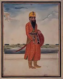 A watercolor portrait of Ranjit Singh who wore the angarkha during his reign.