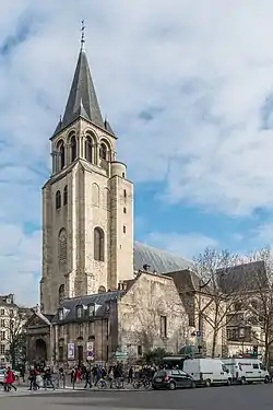 The Romanesque tower of the Abbey of Saint-Germain-des-Prés (Begun in 990)